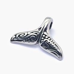 Antique Silver 304 Stainless Steel Pendants, Whale Tail Shape, Antique Silver, 17x25.5x7mm, Hole: 3x7mm
