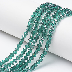 Light Sea Green Electroplate Transparent Glass Beads Strands, Half Gray Plated, Faceted, Rondelle, Light Sea Green, 4x3mm, Hole: 0.4mm, about 123~127pcs/strand, 16.5~16.9 inch(42~43cm)