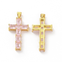 Pearl Pink Brass Micro Pave Clear Cubic Zirconia Pendants, Cross, Religion, Pearl Pink, 32.5x18x5.5mm, Hole: 3.5x5mm