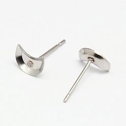 Stainless Steel Color 304 Stainless Steel Stud Earring Findings, Earring Posts, Moon, 7x5.5x1mm, Pin: 0.6mm