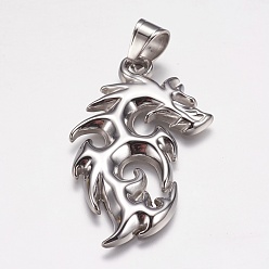 Stainless Steel Color 304 Stainless Steel Big Pendants, Dragon, Stainless Steel Color, 53x30x3mm, Hole: 7x9mm