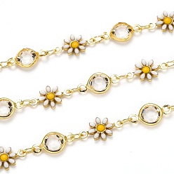 Golden Handmade Brass Link Chains, with Clear Glass Rhinestone and Enamel, Spool, Long-Lasting Plated, Soldered, Daisy, Golden, Links: 12.8x7.5x2.1mm and 12.6x6.7x2.9mm