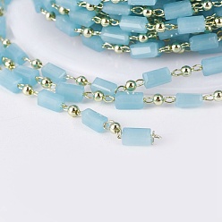 Turquoise Pâle Main chaînes de perles de verre, soudé, avec les accessoires en laiton, avec bobine, plaqué longue durée, réel 18 k plaqué or, cuboïde, turquoise pale, 4.5x2.5~3x2.5~3 mm, 2 mm, environ 32.8 pieds (10 m)/rouleau