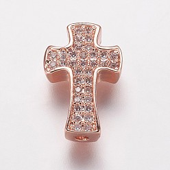Rose Gold Brass Cubic Zirconia Beads, Cross, Clear, Rose Gold, 14x9x3.5mm, Hole: 1mm