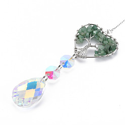 Green Aventurine Natural Green Aventurine Big Pendants, with Platinum Brass Chain Extender and Findings, Plating Glass Teardrop & Flower, Clear AB Color, Heart with Tree of Life, 130mm, Hole: 4mm