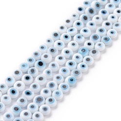 Blanc Perles lampwork, perles au chalumeau, faits à la main, rond et plat avec des mauvais œil, blanc, 4.5x2.5mm, Trou: 0.6mm, Environ 90~100 pcs/chapelet, 15.35''~15.75'' (39~40 cm)