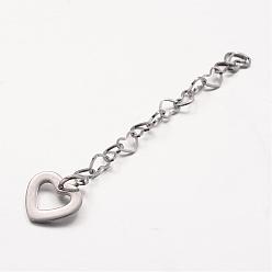 Stainless Steel Color 304 Stainless Steel Heart Link Chain Extender, with Heart Charms, Stainless Steel Color, 57.5x3.5mm