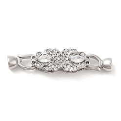Platinum Rack Plating Brass Pave Clear Cubic Zirconia Fold Over Clasps, Long-Lasting Plated, Flower, Platinum, Flower: 9.5x23.5x8mm, Clasp: 12.5x6x5.5mm, Inner Diameter: 4mm