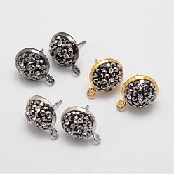 Mixed Color Brass Rhinestone Ear Stud Settings, with Loop, Half Round, Mixed Color, 16x12x5mm, Hole: 2mm, Pin: 0.8mm