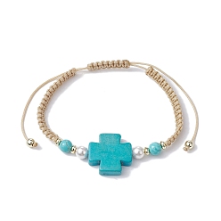 Synthetic Turquoise Synthetic Turquoise Cross & Imitation Pearl Braided Bead Bracelet, Adjustable Bracelet, Inner Diameter: 2-3/8~3-3/4 inch(6~9.5cm) 