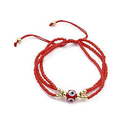 Red Adjustable Glass & Lampwork Evil Eye Braided Beaded Bracelet for Women, Red, Inner Diameter: 1-7/8~2-3/4 inch(4.7~7cm)