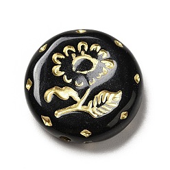 Black Opaque Acrylic Beads, Golden Metal Enlaced, Flat Round with Flower, Black, 18x4mm, Hole: 1.6mm, about 399pcs/500g