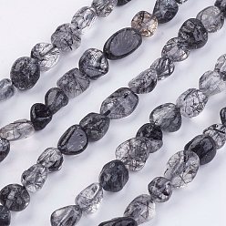 Cuarzo Rutilado Naturales negras perlas de cuarzo rutilado hebras, piedra caída, pepitas, 2~11x4~8x2~4 mm, agujero: 1 mm, sobre 62 unidades / cadena, 15.74 pulgada