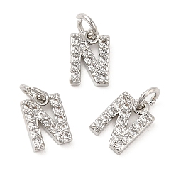 Real Platinum Plated Brass Micro Pave Grade AAA Cubic Zirconia Charms, Letter N, Cadmium Free & Nickel Free & Lead Free, Real Platinum Plated, 9x5.5x1.5mm, Hole: 2mm