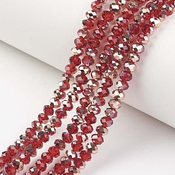 Rouge Plaquent verre transparent perles brins, la moitié du cuivre plaqué, facette, rondelle, rouge, 8x6mm, Trou: 1mm, Environ 72 pcs/chapelet, 16.14 pouce (41 cm)