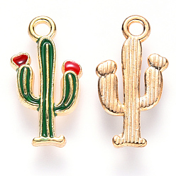 Green Alloy Enamel Pendants, Cactus, Light Gold, Green, 19x10x2.5mm, Hole: 1.8mm