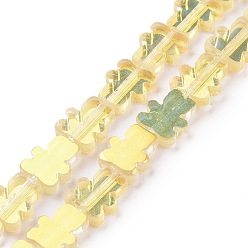 Yellow Transparent Electroplate Glass Beads Strands, AB Color Plated, Bear, Yellow, 9~9.5x8x2.5mm, Hole: 0.7mm, about 45pcs/strand, 16.46 inch(41.8cm)