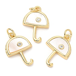 Real 18K Gold Plated Rack Plating Brass Micro Pave Cubic Zirconia Pendants, with Shell and Jump Ring, Long-Lasting Plated, Lead Free & Cadmium Free, Umbrella, Real 18K Gold Plated, 19.5x13.5x3mm, Hole: 3mm