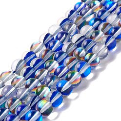 Bleu Brins synthétiques de perles de lune, ronde, bleu, 8mm, Trou: 1mm, Environ 48 pcs/chapelet, 14.57''~15.35'' (37~39 cm)