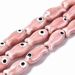 Pink Brins de perles en céramique de porcelaine faites à la main, porcelaine émaillée lumineux, poisson, rose, 19x10x8mm, Trou: 1.5mm, Environ 17 pcs/chapelet, 12.40 pouce (31.5 cm)