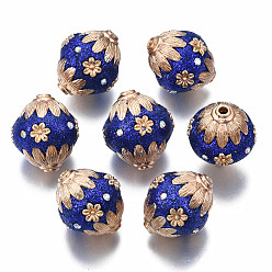 Bleu Moyen  Perles Indonésiennes manuelles, avec de l'argile polymère, strass et métal, ovale avec des fleurs, or, bleu moyen, 20~22x18~19mm, Trou: 2mm