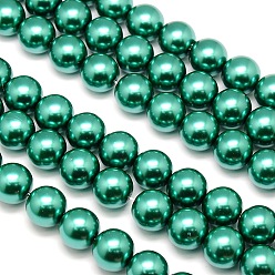 Dark Cyan Eco-Friendly Dyed Glass Pearl Round Beads Strands, Grade A, Cotton Cord Threaded, Dark Cyan, 12mm, Hole: 0.7~1.1mm, about 34pcs/strand, 15 inch