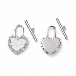 Platinum Brass Micro Pave Clear Cubic Zirconia with Shell Toggle Clasps, Heart Lock, Platinum, Bar: 18x4x1.5mm, Hole: 1.2mm, Heart: 22.5x14.5x2.5mm