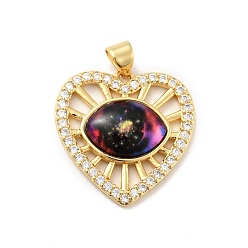 Colorful Heart Brass Micro Pave Clear Cubic Zirconia Pendants, with Resin Eyeball, Cadmium Free & Nickel Free & Lead Free, Real 18K Gold Plated, Colorful, 24x23x5mm, Hole: 3.5x5mm