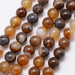 Saddle Brown Natural Striped Agate/Banded Agate Bead Strands, Round, Grade A, Dyed & Heated, Saddle Brown, 10mm, Hole: 1mm, about 37pcs/strand, 15 inch