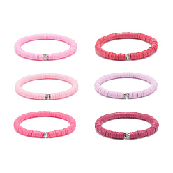 Pink 6Pcs 6 Colors Handmade Polymer Clay Heishi Surfer Stretch Bracelet Sets, Preppy Jewelry for Women, Pink, Inner Diameter: 2-3/8 inch(5.9cm), 1Pc/color