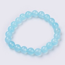Pale Turquoise Natural Jade Beaded Stretch Bracelet, Dyed, Round, Pale Turquoise, 2 inch(5cm), Beads: 8mm, about 22pcs/strand