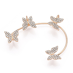 Golden Butterfly Crystal Rhinestone Cuff Earrings for Girl Women Gift, Brass Earrings for Non-Piercing Ear, Golden, 58x43x11mm