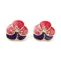 Rouge Boucles d'oreilles en émail à fleurs, bijoux en laiton pour femmes, or et de lumière, rouge, 21x22mm, pin: 0.7 mm