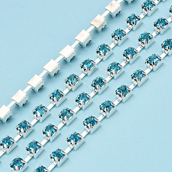 Aquamarine Silver Plated Brass Rhinestone Strass Chains, Rhinestone Cup Chains, Soldered, with Spool, Aquamarine, 3mm, about 32.81 Feet(10m)/Roll