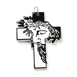 Black Embossed Printed Acrylic Pendants, with Iron Jump Ring, Cross with Man Pattern, Black, 40.5x30.5x2.5mm, Hole: 5mm
