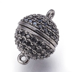 Gunmetal Brass Micro Pave Cubic Zirconia Magnetic Clasps with Loops, Round, Black, Gunmetal, 14x10mm, Hole: 1mm