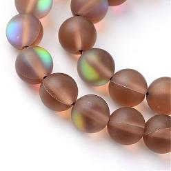 Brun Saddle Brins synthétiques de perles de lune, perles holographiques, teint, givré, ronde, selle marron, 10mm, Trou: 1mm, Environ 36~39 pcs/chapelet, 14~15 pouce