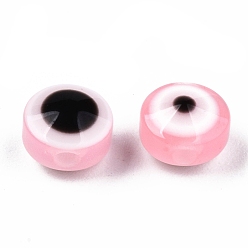 Pink Resin Beads, Flat Round, Evil Eye, Pink, 6x4mm, Hole: 1.5mm