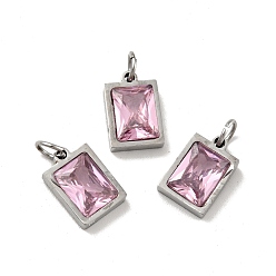 Pearl Pink 304 Stainless Steel Pendants, with Cubic Zirconia and Jump Rings, Single Stone Charms, Rectangle, Stainless Steel Color, Pearl Pink, 11.5x8x3.5mm, Hole: 3.6mm