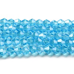 Deep Sky Blue Transparent Electroplate Glass Beads Strands, Pearl Luster Plated, Faceted, Bicone, Deep Sky Blue, 3.5mm, about 108~123pcs/strand, 12.76~14.61 inch(32.4~37.1cm)