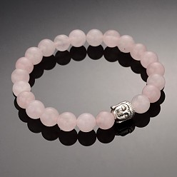 Rose Quartz Buddhist Gemstone Beaded Stretch Bracelets, with Alloy Tibetan Style Buddha Beads, Rose Quartz, 59mm