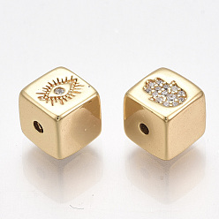 Настоящее золото 18K Латунные бусины, с микро проложить кубического циркония, без никеля , реальный 18 k позолоченный, куб с глазом и рукой хамса / рука Фатимы / рука Мириам, прозрачные, 7x7x7 мм, отверстие : 1.5 мм
