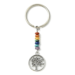 Flat Round Alloy Tree of Life Pendant Keychain, with Chakra Gemstone Bead and Iron Split Key Rings, Flat Round, 6.8cm, Pendant: 19.5x16.5x1.2mm