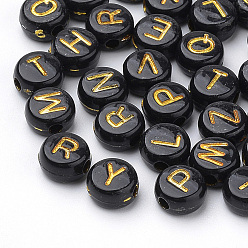 Noir Perles acryliques opaques, métal enlacée, trou horizontal, plat rond, mélange de lettres, noir, 7x4mm, Trou: 2mm, environ3700 pcs / 500 g