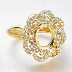 Golden Adjustable Brass Micro Pave Clear Cubic Zirconia Finger Ring Components, 4 Claw Prong Ring Settings, Long-Lasting Plated, Flower, Clear, Golden, US Size 6 3/4, Inner Diameter: 17.1mm, Tray: 10x8mm
