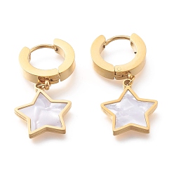 Golden 304 Stainless Steel Huggie Hoop Earrings, with Natural White Shell, Star, Golden, 31mm, Pin: 1mm