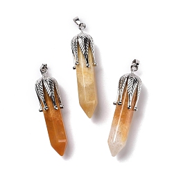 Yellow Jade Natural Yellow Jade Big Pendants, with Platinum Tone Brass Findings, Cadmium Free & Lead Free, Bullet with Leaf, 53.5~57x14~15x14~15mm, Hole: 7x4mm