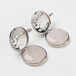 Rose Quartz Natural Rose Quartz Pendants, with Brass Diffuser Locket Findings, Flat Round with Tree, 31x25x8mm, Hole: 4mm