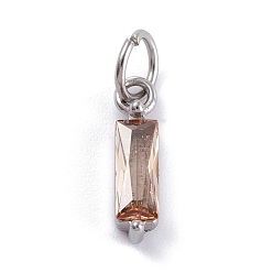PeachPuff 304 Stainless Steel Cubic Zirconia Pendants, Rectangle, Stainless Steel Color, PeachPuff, 17x4x4mm, Hole: 5mm