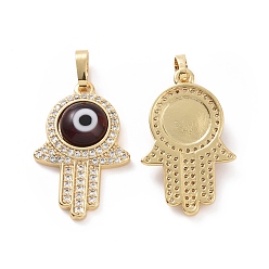 Coconut Brown Brass Micro Pave Cubic Zirconia Pendants, with Handmade Evil Eye Lampwork, Hamsa Hand Charm, Real 18K Gold Plated, Coconut Brown, 25x16x5mm, Hole: 4x6.5mm